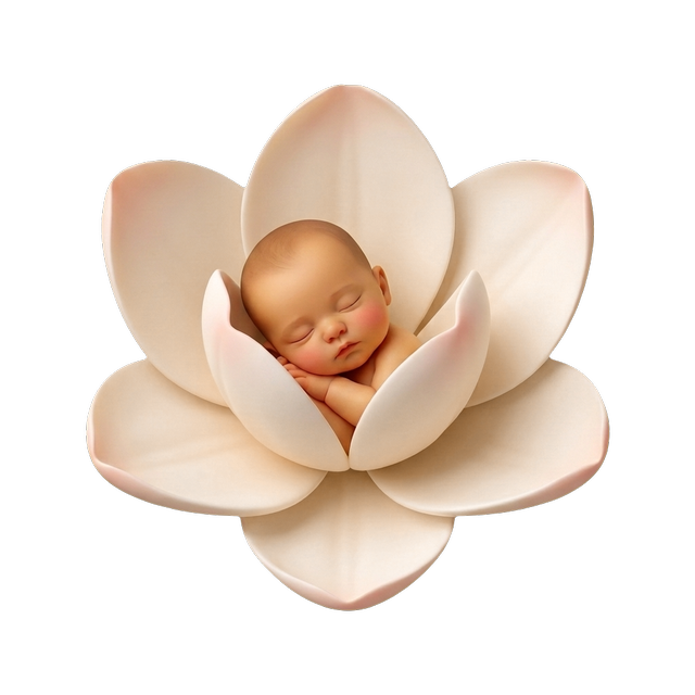 A newborn asleep inside an opening flower, the Bloom emblem.