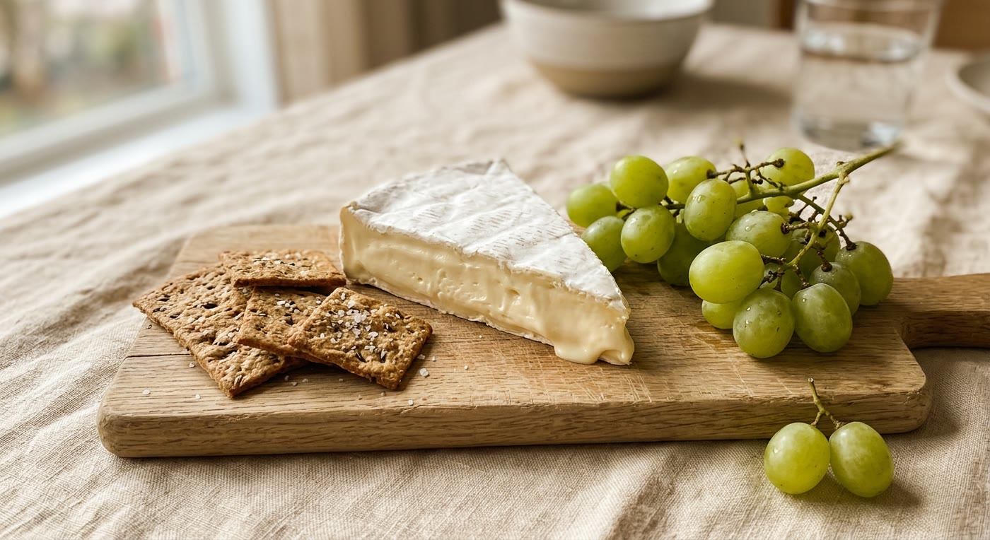 Brie, crackers and grapes on a board.