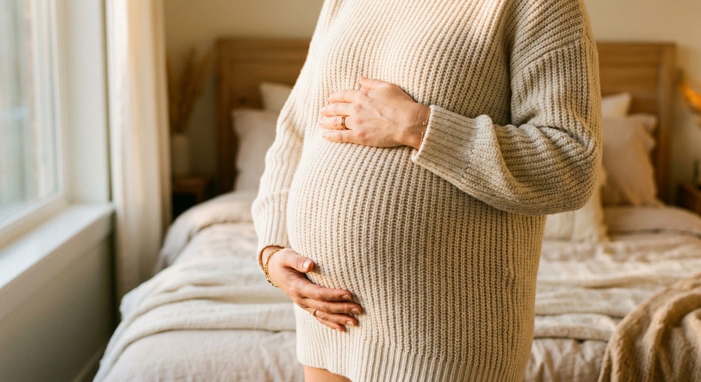 A pregnant woman in a knitted dress holding her bump.