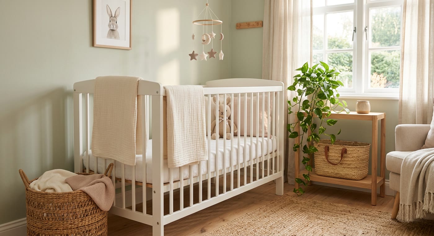 A sunlit nursery with a white crib.