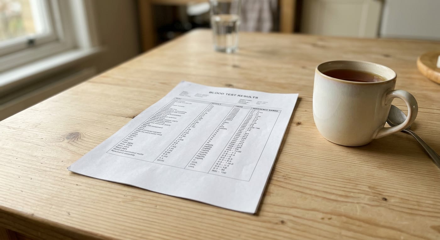 A printed blood test result beside a cup of tea.