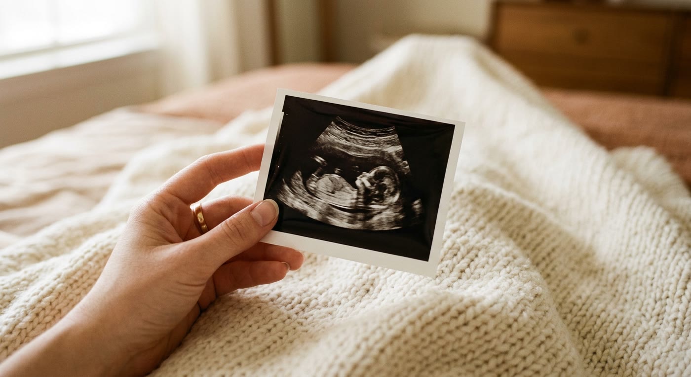 A hand holding an ultrasound print on a blanket.