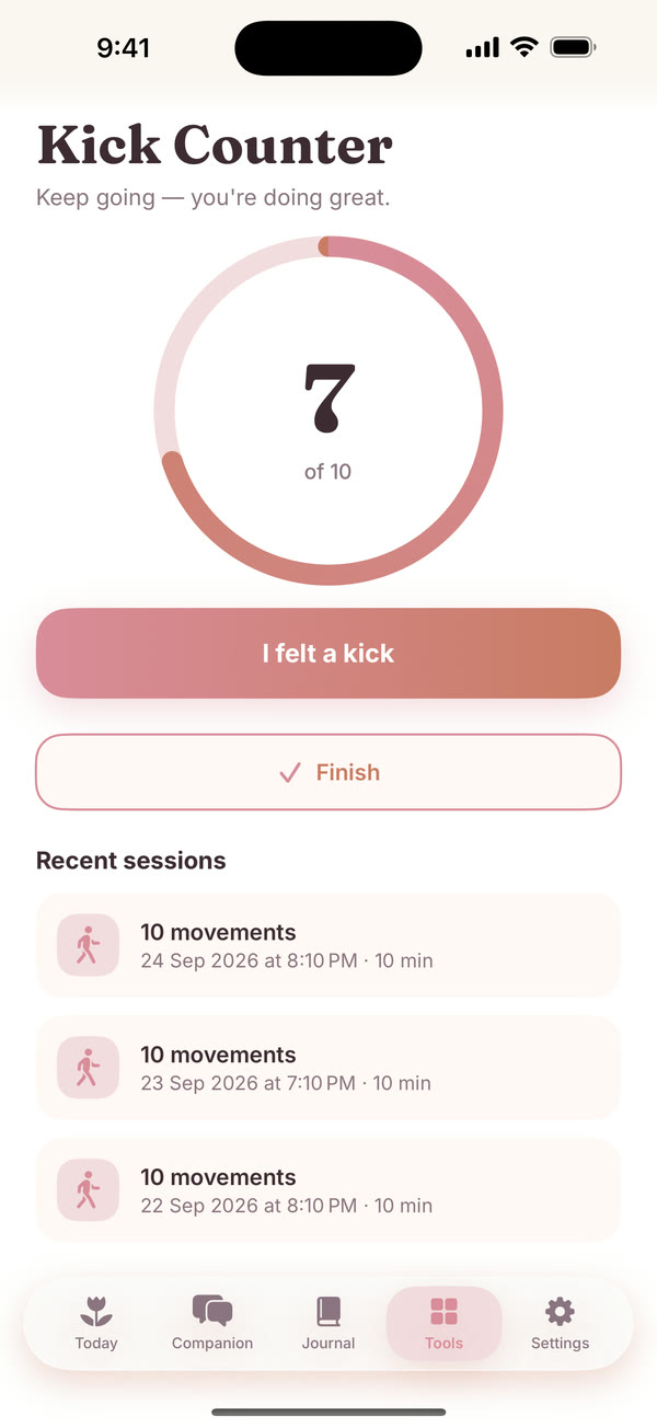 The Kick Counter with recent sessions.